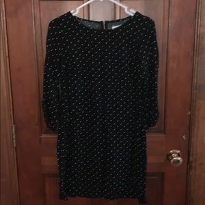 navy blue dress with white poka dots